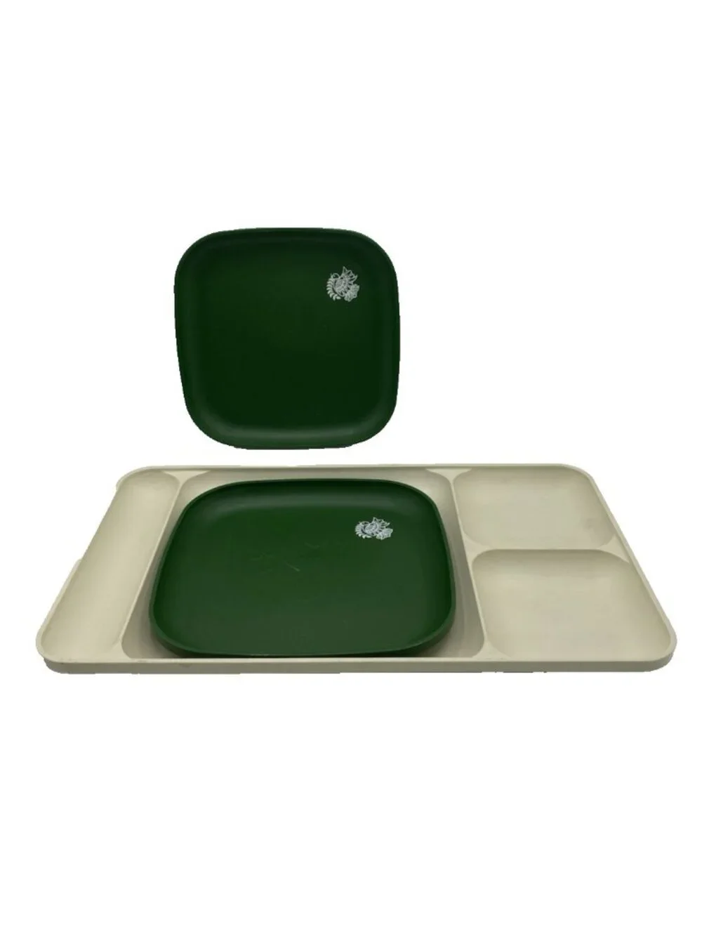 Vintage Tupperware 1 Almond Divided Tray #1535 & 2 Green Dove Square Plates